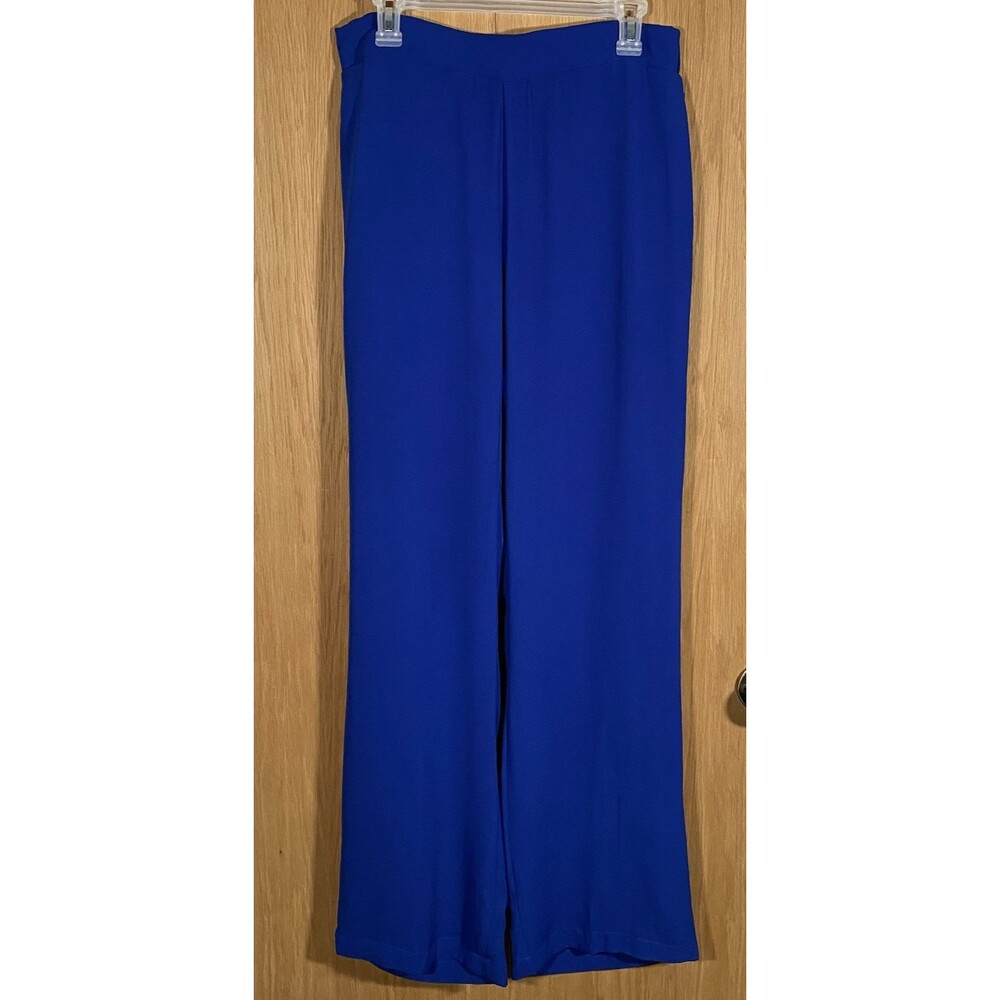 Women's Sz Lg Cobalt Blue Wide Leg Trousers Pants Pull On Elastic Waist Pockets